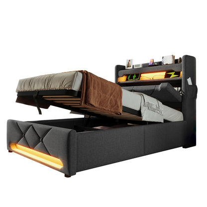 Polsterbett Einzelbett 90*200, Stauraum Kopfteil mit USB und Typ C-Port ,360-Surround-LED-Funktion rund um Kopf- und Fußende des, Betten mit Hydraulisch Stauraum, Grau , Leinen(Ohne Matratze)