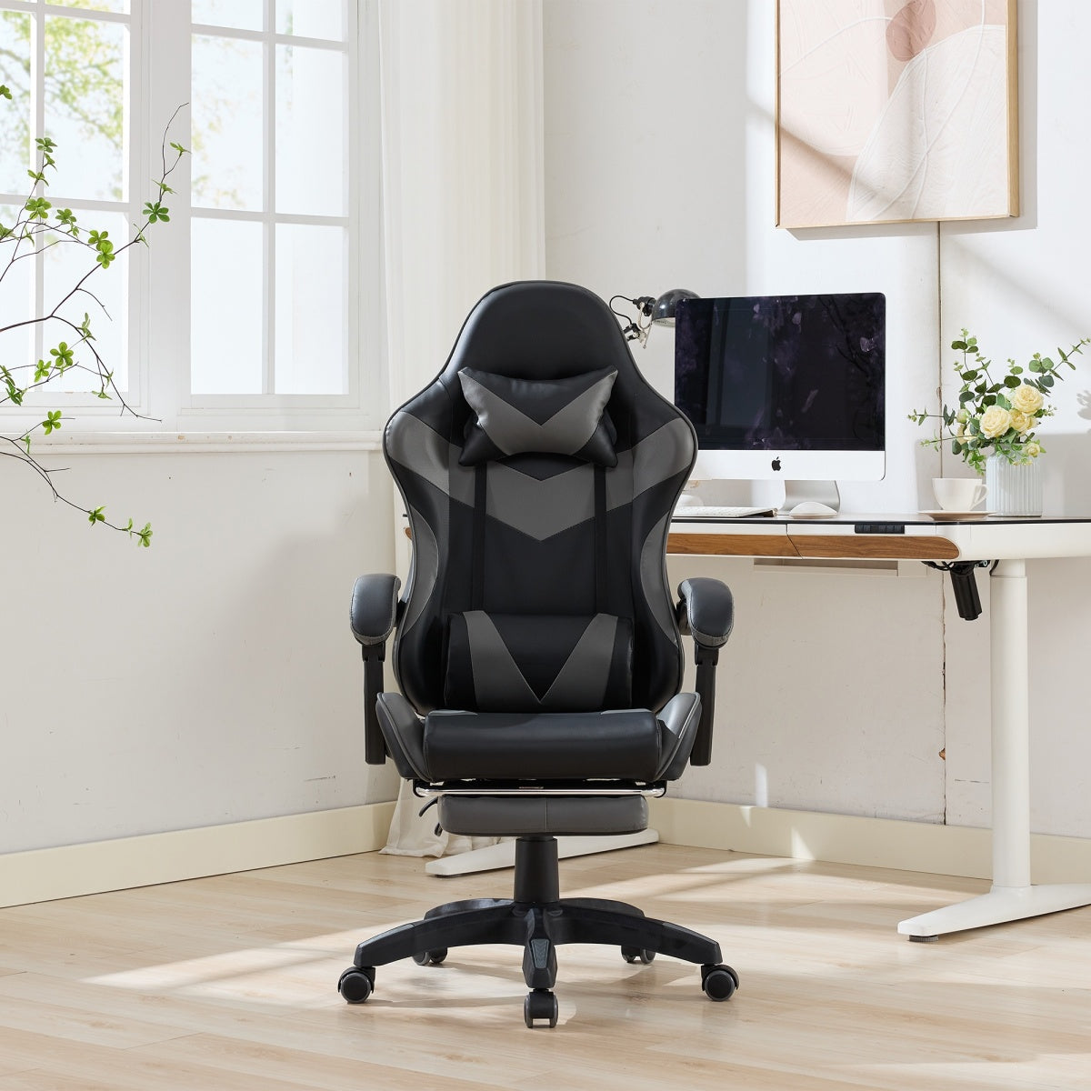 Gaming Stuhl Racing Design, 155° Liegefunktion, Fußstütze, Lendenmassage, Schwarz-Grau