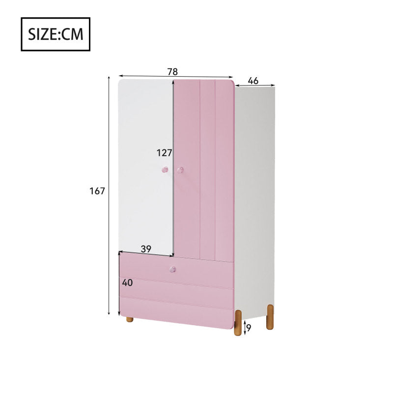 Geräumiger Kleiderschrank mit minimalistischen Linien und zarten holzfarbenen Füßen mit Staufächern, Schubladen und Kleiderbügeln, Farbblock-Design, Rosa