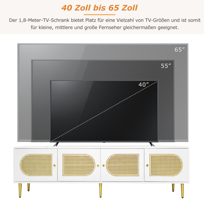Weißer Rattan-TV-Schrank 180x40x50 cm - 4 Rattan-Türen, verstellbare Einlegeböden und Kabelmanagement für Fernseher bis 80 Zoll, TV-Schrank,Lowboards