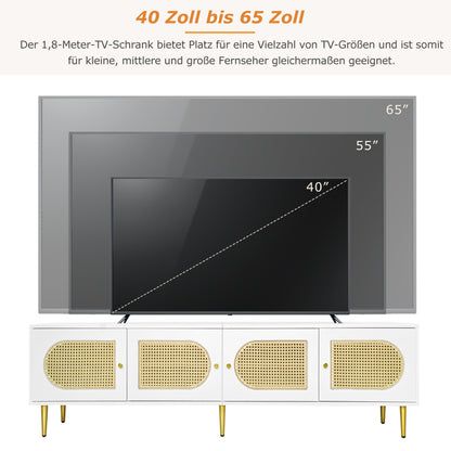 Weißer Rattan-TV-Schrank 180x40x50 cm - 4 Rattan-Türen, verstellbare Einlegeböden und Kabelmanagement für Fernseher bis 80 Zoll, TV-Schrank,Lowboards