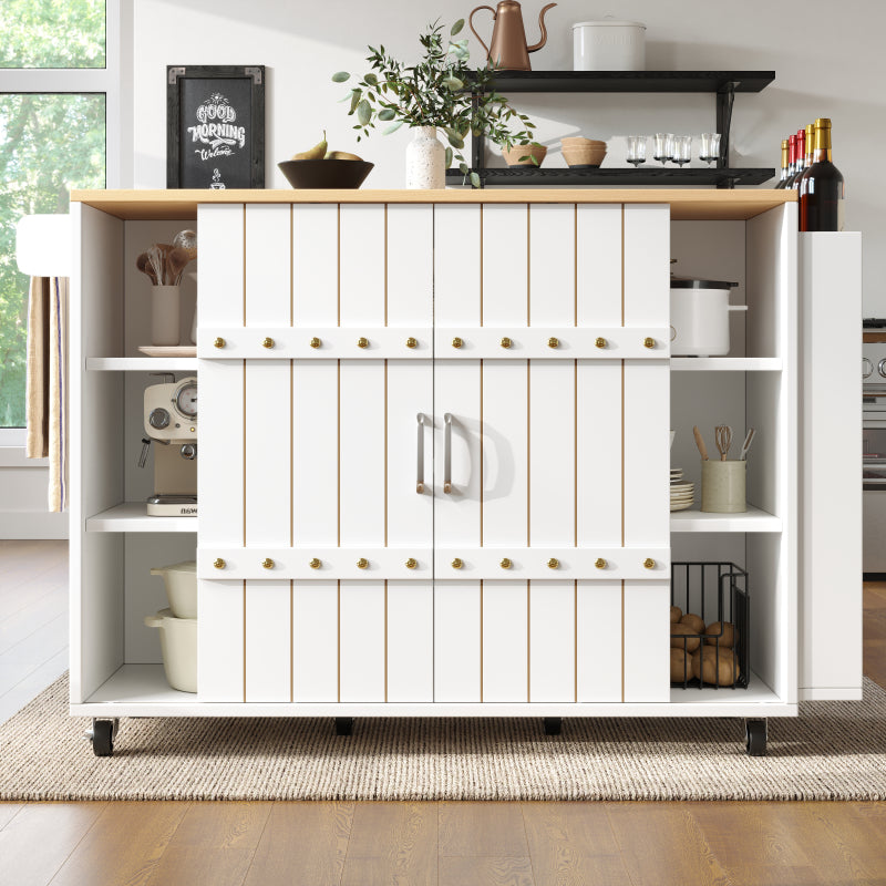 Küchenschrank, Servierwagen mit Holzmaserung, Küchenwagen mit rollen und arbeitsplatte, Küchenwagen mit Gewürzregal und Handtuchhalter, Kücheninsel mit Schiebetüren und Schubladen, weiß
