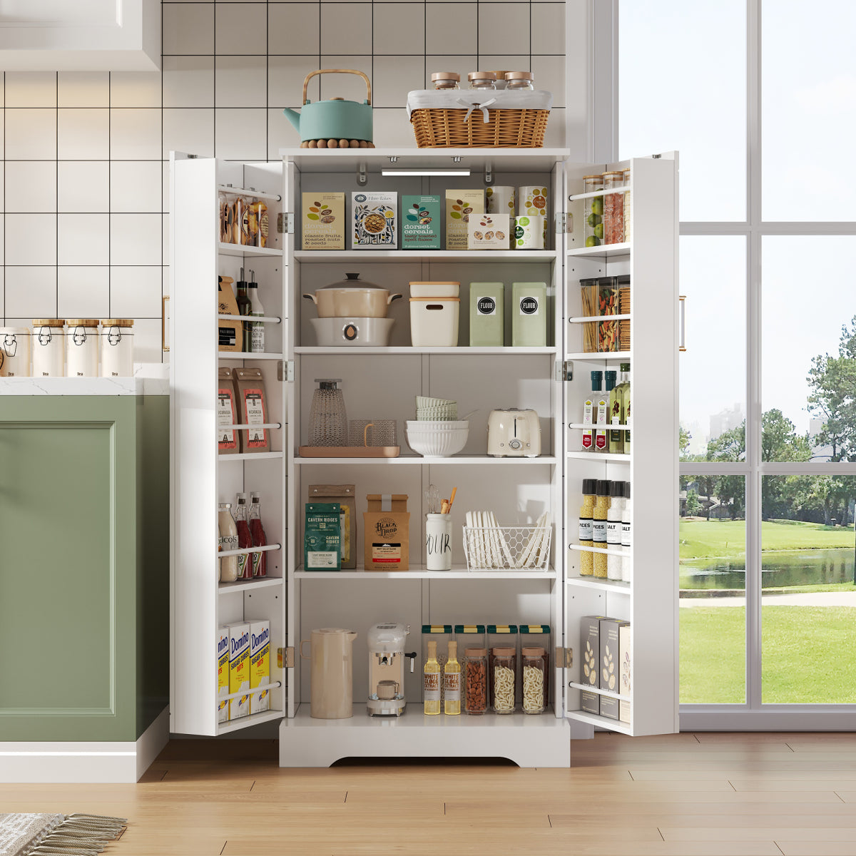 Hochschrank Weiß (60x128x35 cm), Küchenschrank mit LED-Sensorlicht