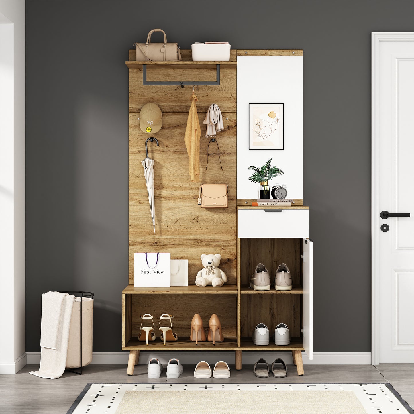 Multifunktionales Garderobenset aus Holz mit Spiegel, Schuhbank, Schuhschrank, Schublade, Regal und Kleiderhaken – Modernes Design mit hydraulischen Scharnieren und praktischem Stauraum
