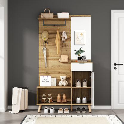 Multifunktionales Garderobenset aus Holz mit Spiegel, Schuhbank, Schuhschrank, Schublade, Regal und Kleiderhaken – Modernes Design mit hydraulischen Scharnieren und praktischem Stauraum