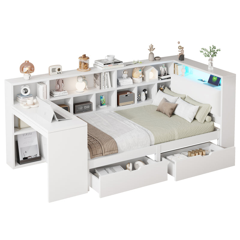 90x200 L-förmiges Holz-Plattformbett mit Schreibtisch und Bücherregal, Eck-Kapitänsbett mit gepolstertem Kopfteil, Schubladen unter dem Bett, LED-Licht - Weiß