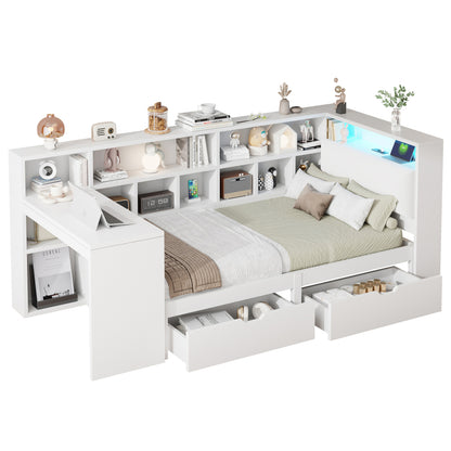 90x200 L-förmiges Holz-Plattformbett mit Schreibtisch und Bücherregal, Eck-Kapitänsbett mit gepolstertem Kopfteil, Schubladen unter dem Bett, LED-Licht - Weiß