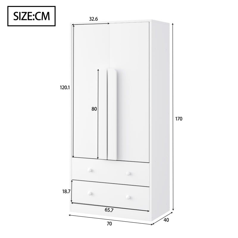 Kleiderschrank 70*40*170cm, Doppeltüren-Design, mit Schubladen und Ablagefächern, weiß