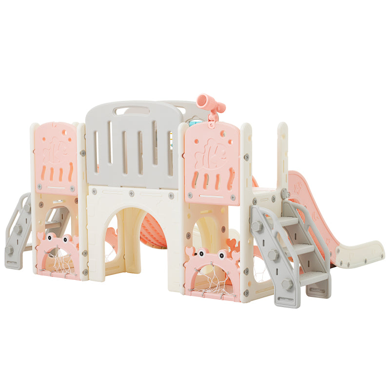 Kinderspielplatz-Set 8-in-1, Freistehendes Meerestier-Motiv-Set mit Rutsche, Bogentunnel, Basketballkorb und Teleskop, Doppelte Rutschen für Kleinkinder, Klettergerüst für Kinder