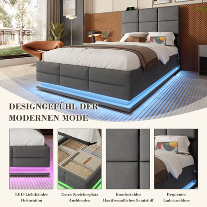 90x200 cm Modernes Velours-Polsterbett mit höhenverstellbarem Kopfteil - Inkl. USB/Type-C-Anschlüssen, LED-Ambientebeleuchtung, hydraulischem Lift-System & XXL-Stauraum (ohne Matratze) - Gray