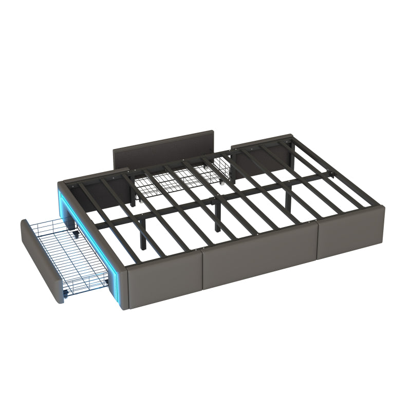 Bettgestell 90X200 mit Schubladen, PU-Leder Bett ohne Kopfteil Mit LED-Lichtleiste, MetalllattenPlattformbett für moderne Schlafzimmer Grau