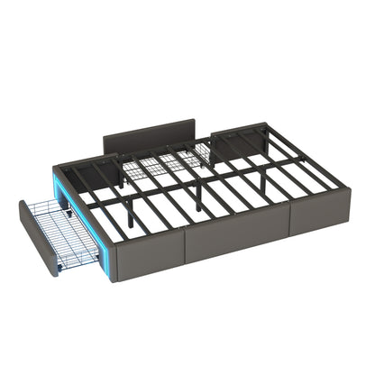 Bettgestell 90X200 mit Schubladen, PU-Leder Bett ohne Kopfteil Mit LED-Lichtleiste, MetalllattenPlattformbett für moderne Schlafzimmer Grau
