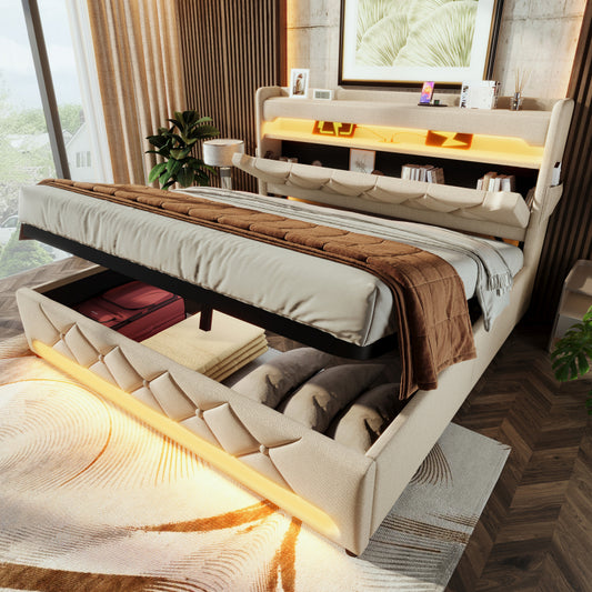Polsterbett Doppelbett 180*200, Stauraum Kopfteil mit USB und Typ C-Port ,360-Surround-LED-Funktion rund um Kopf- und Fußende des, Betten mit Hydraulisch Stauraum, Beige , Leinen(Ohne Matratze)