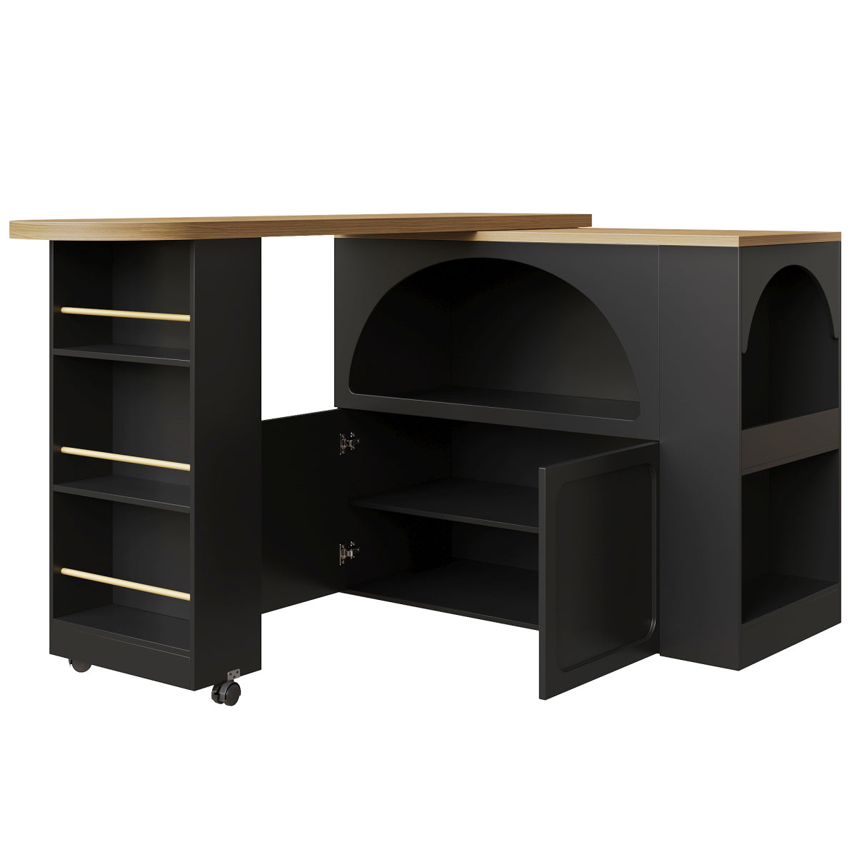 Ausziehbarer Bartisch 135-205cm mit LED & USB, Mobiler Hochtisch Schwarz, Teleskop-Kücheninsel mit Stauraum & Soft-Close, Modernes Bogendesign