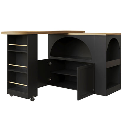 Ausziehbarer Bartisch 135-205cm mit LED & USB, Mobiler Hochtisch Schwarz, Teleskop-Kücheninsel mit Stauraum & Soft-Close, Modernes Bogendesign