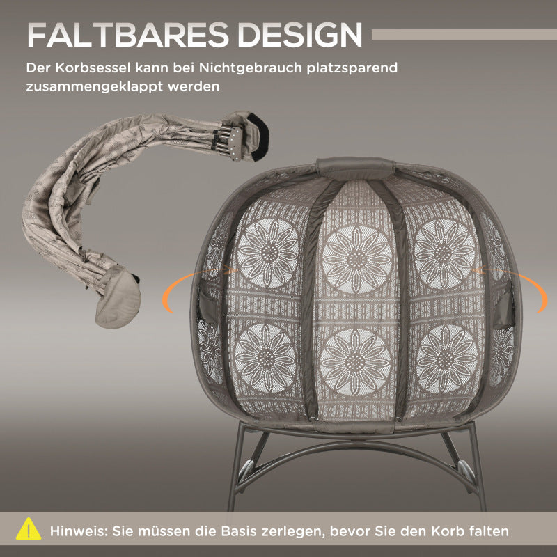 Gartenstuhl 2-Sitzer Papasansessel mit Faltbarem Korb und Kissen, Loungesessel für Balkon und Terrasse, Stahl in Sand, 126 x 75 x 142 cm