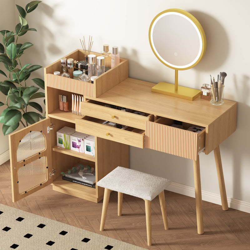 Schminktisch-Set, Kosmetiktisch mit LED-Spiegel und 3-Farbiger Beleuchtung, Schminktisch aus Holz für Schlafzimmerstudio - Maße: B120/H90/T40 cm(ohne Hocker) (Old sku: RN3198724AAA)