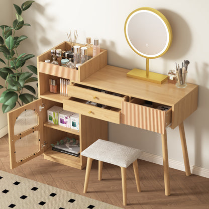 Schminktisch-Set, Kosmetiktisch mit LED-Spiegel und 3-Farbiger Beleuchtung, Schminktisch aus Holz für Schlafzimmerstudio - Maße: B120/H90/T40 cm(ohne Hocker) (Old sku: RN3198724AAA)