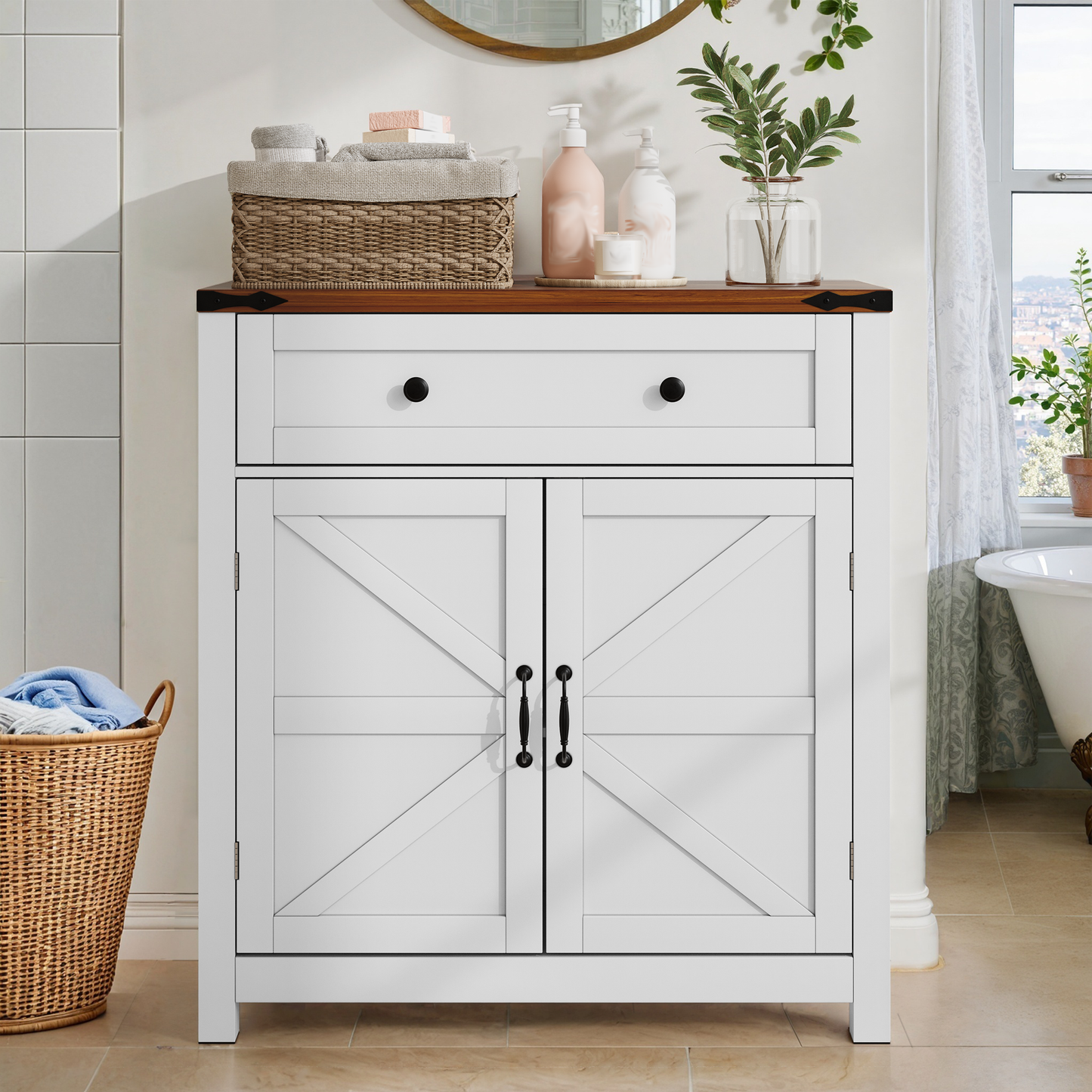 Weißer Badezimmerschrank im Bauernhaus-Stil mit Schubladen, verstellbaren Regalen & Walnussplatte – Aufbewahrungsschrank für Bad & Küche