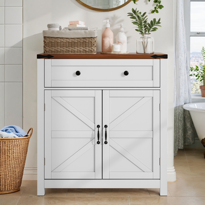 Weißer Badezimmerschrank im Bauernhaus-Stil mit Schubladen, verstellbaren Regalen & Walnussplatte – Aufbewahrungsschrank für Bad & Küche