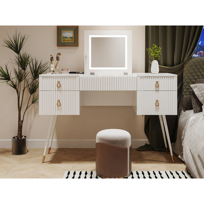 Weißer Schminktisch(Ohne Stühle), Enthält LED-Spiegel mit einstellbarer Helligkeit, luxuriösem vergoldetem Zubehör und mehreren Stauräumen, mit 4 Schubladen, Schreibtisch univer, Weiß
