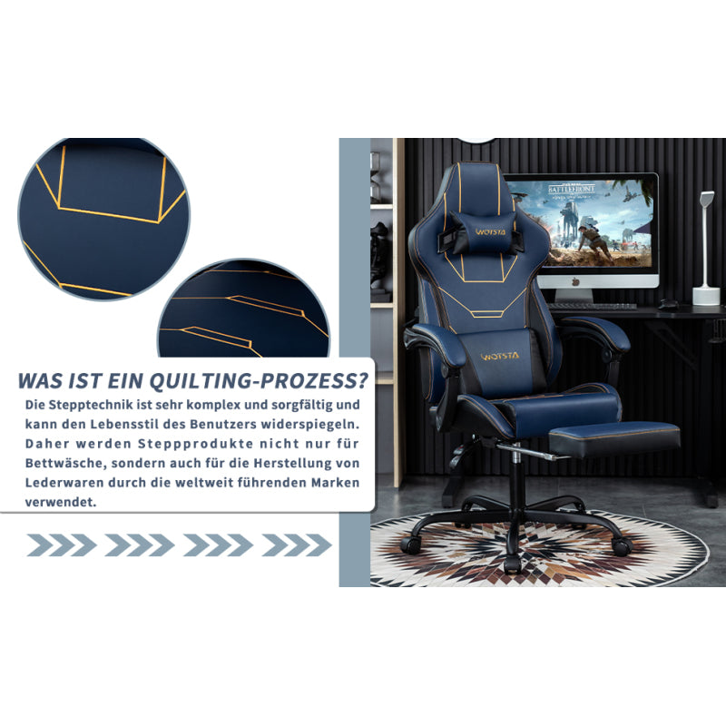 Gaming Stuhl Ergonomisch Gaming Chair Bürostuhl mit Fußstütze Racing Computerstuhl Höhenverstellbar Gepolstert Computerstuhl Lendenwirbelstütze Blau