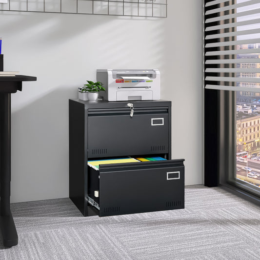 2 Drawer Metal Lateral File Cabinet with Lock,Office Vertical Files Cabinet for Home Office/Legal/Letter/A4,Locking Metal File Cabinet,Assembly Required (Black,with 2 Drawer)