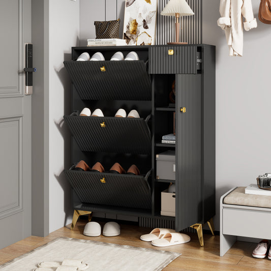 Schuhschrank mit 3 Klappen, 1 Schublade und 1 Tür, Schuhregal, Schuhkipper schmal, Schuhschrank Schwarz