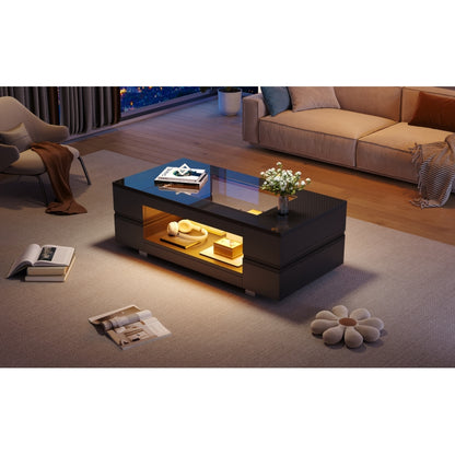 Schwarzer LED-Couchtisch mit Bluetooth-App-Steuerung, doppelschichtiger Hochglanz-Hohldesigntisch, geeignet für Partys, Büros, Wohnzimmer
