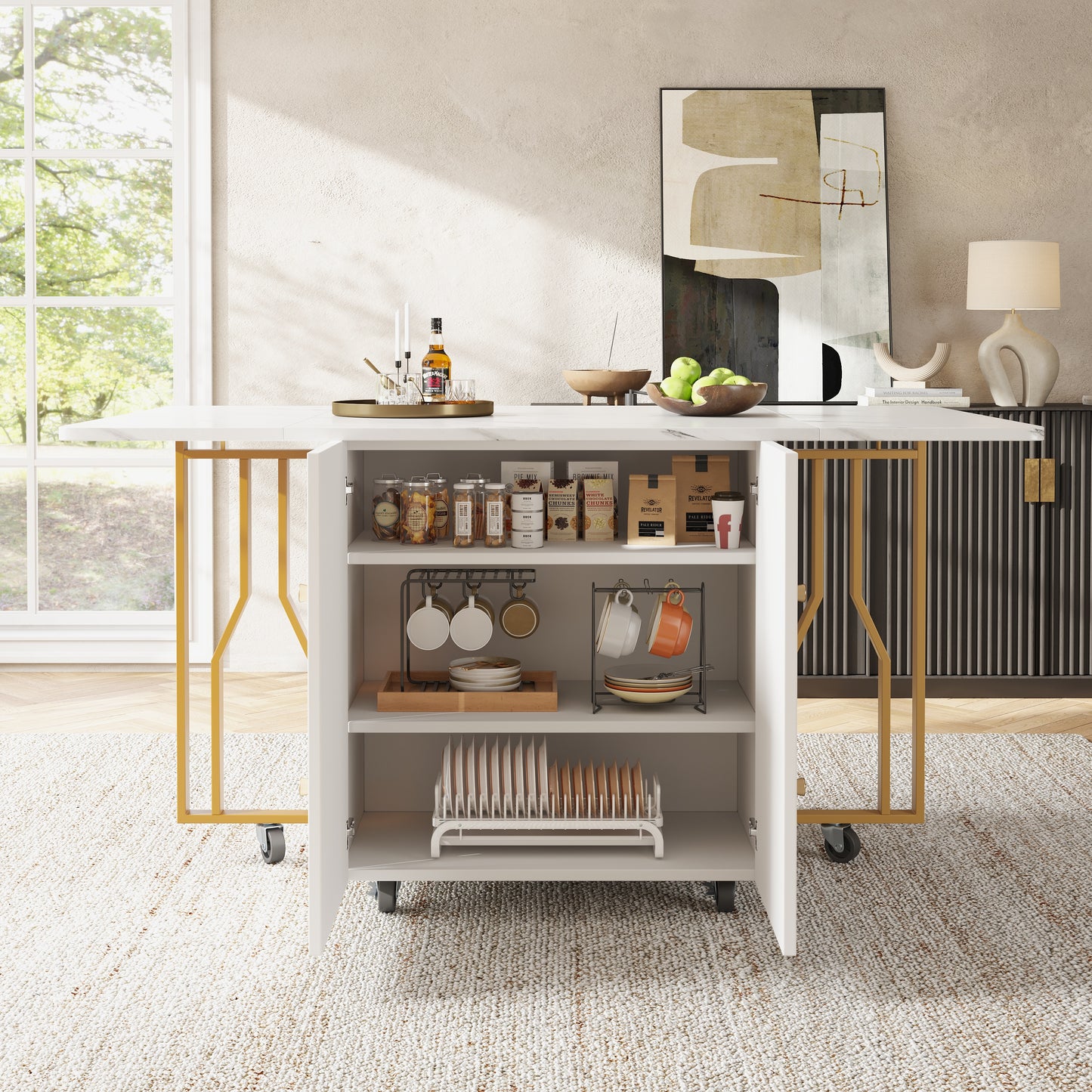 Tragbarer Esstisch, klappbare Tischplatte, marmorierte Tischplatte, geeignet für Esszimmer, Wohnzimmer, verstellbare Trennwände, große Ablagefächer, 6 Rollen (2 feststellbar), goldene Tischbeine