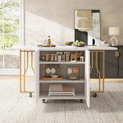 Tragbarer Esstisch, klappbare Tischplatte, marmorierte Tischplatte, geeignet für Esszimmer, Wohnzimmer, verstellbare Trennwände, große Ablagefächer, 6 Rollen (2 feststellbar), goldene Tischbeine