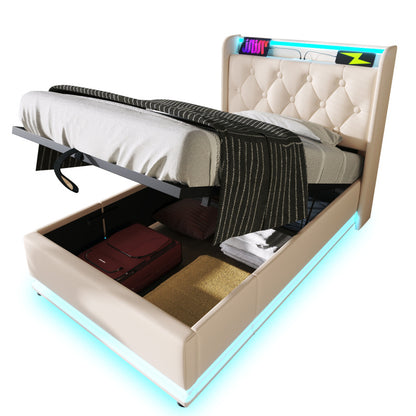 Polsterbett einzelbett, 360-Surround-LED-Funktion, Drucktaste/App/Fernbedienung, 90*200 cm, weiß PU-Material Hydraulisches Lagerbett, gepolstertes Kopfteil mit USB Typ-C Ladefunktion (Mit Matratze)