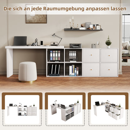 Ecktisch, Tischplatte 360° schwenkbar - L-förmig oder gerade aufstellbar, MDF,  mit 4 Fächern, 4 Schubladen, weiß