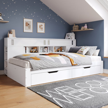 Multifunktionales Stauraumbett 135x190 cm - Daybed mit 2 Schubladen, Schiebetüren & Regalen - Stabiles Funktionsbett MDF bis 200kg - Weiß