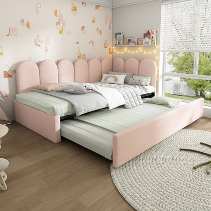 Polsterbett Daybett 90x200cm,Tagesbett Schlafsofa mit Ausziehbett 90x190cm, Kinderbett mit Lattenrost, Samt, Rosa, ohne Matratze