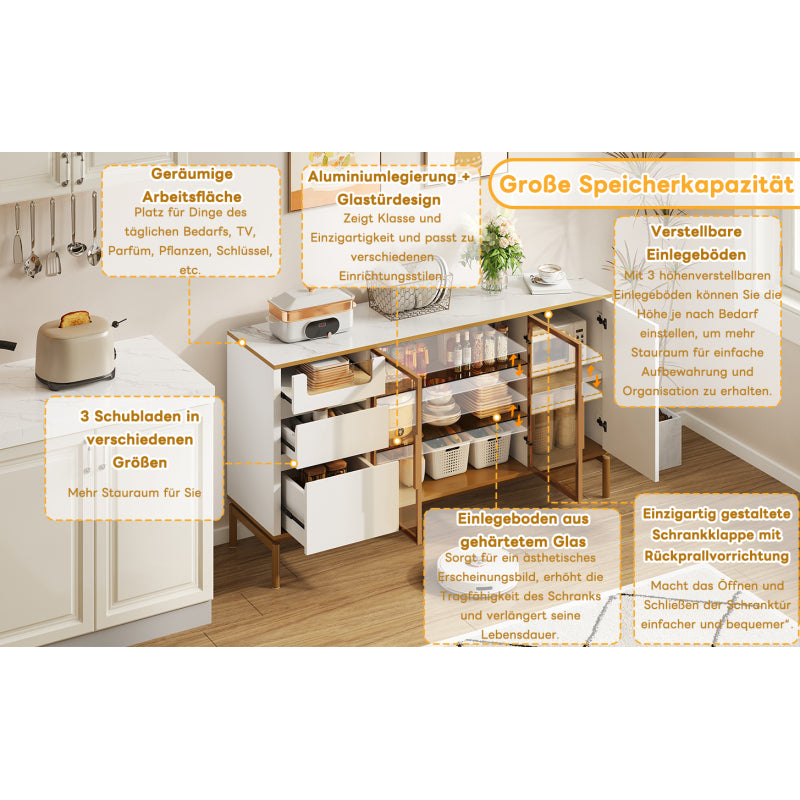 Elegantes Sideboard 150Lx40Bx80H cm, weiß, Arbeitsplatte aus Marmor, goldene Zierleiste - Moderner Stauraumschrank mit Glas- und Holzfächern