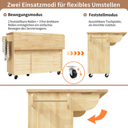 Kücheninsel 120x75cm klappbar Servicewagen mit Rollen, Buffetschrank Natur Holzoptik, Schachbrettmuster, 3 Schubladen & Handtuchhalter