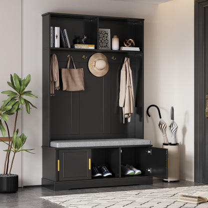 Garderobenständer mit  Schuhbank, Garderobe,  6 Dreifach-Haken,freistehend, platzsparend, für Eingangsbereich,Flur, Schwarz