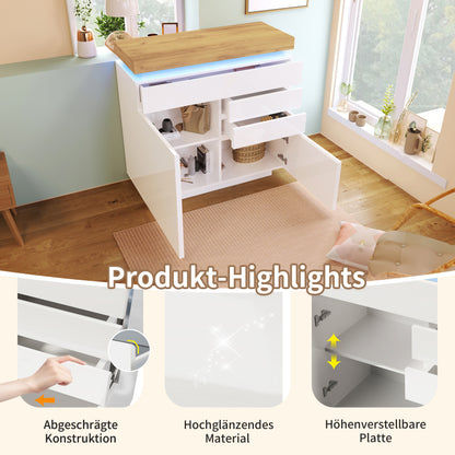 Kommode, Hochglanz Sideboard mit 2 Türen und 3 Schubladen, LED Beleuchtung (App Control), Mehrzweckschrank für Wohnzimmer und Schlafzimmer, 115 x 110 x 39 cm, Weiß