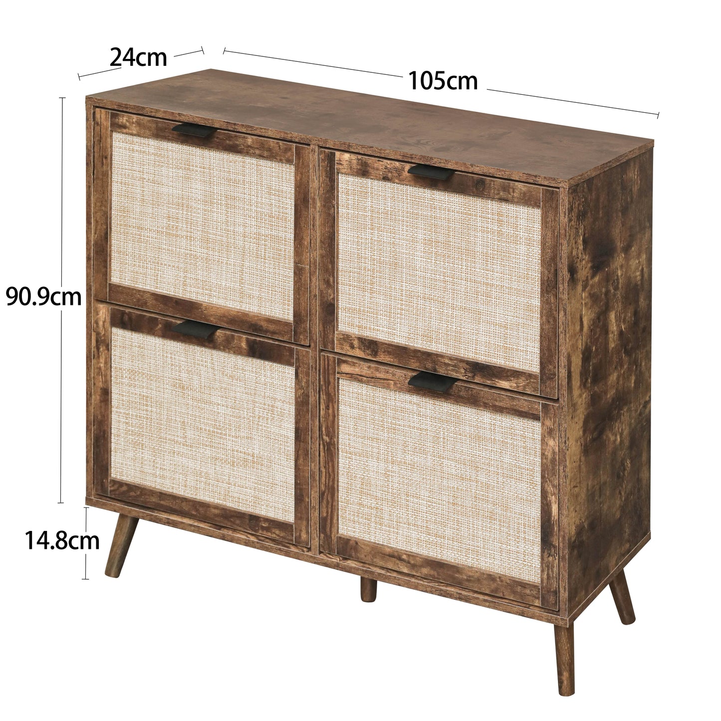 Schuhschrank mit vier Türen, Rattan-Optik, doppeltem Regal, mit Rückwand, geeignet für Flure und ähnliche Bereiche, Retrobraun