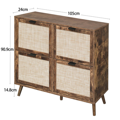Schuhschrank mit vier Türen, Rattan-Optik, doppeltem Regal, mit Rückwand, geeignet für Flure und ähnliche Bereiche, Retrobraun