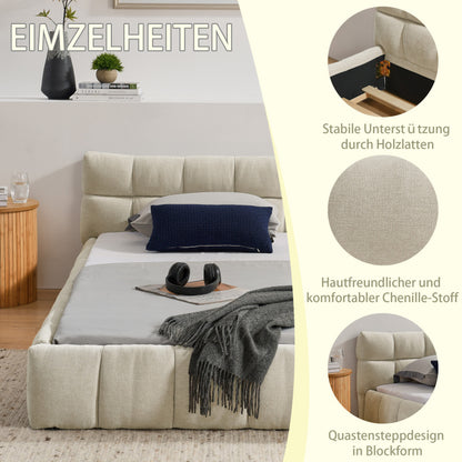 Einzelbett 90*200 cm, Kinderbett mit seidig weichem Chenille - Bezug, quadratischem Steppdesign, Beige (ohne Matratze)