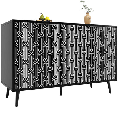 Esszimmerschrank (120×35×78cm), Esszimmer- und Wohnzimmer-Aufbewahrungsschrank, einzigartiges Schranktürdesign, freistehender Schrank, Antidumping, Fischgrätenmuster, geschnitzte Tür, schwarz