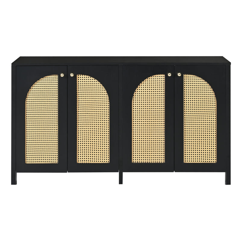 Modernes Sideboard im minimalistischen Stil 4-Rattantür, Metallgriff einfaches Buffetschrank für Esszimmer, Wohnzimmer, Küche (Schwarz)