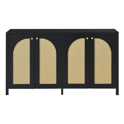 Modernes Sideboard im minimalistischen Stil 4-Rattantür, Metallgriff einfaches Buffetschrank für Esszimmer, Wohnzimmer, Küche (Schwarz)