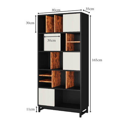 Bücherregal mit 5 Fachböden, Höhe 165 cm, Breite 80 cm, mit Fachböden, Farben schwarz, weiß und braun