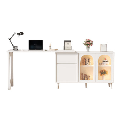 Schreibtisch mit LED - 2-in-1 Sideboard und Arbeitsplatte, 360° drehbar, mit Acryltür, FSC-zertifiziert, weiß, 120×40×78 cm