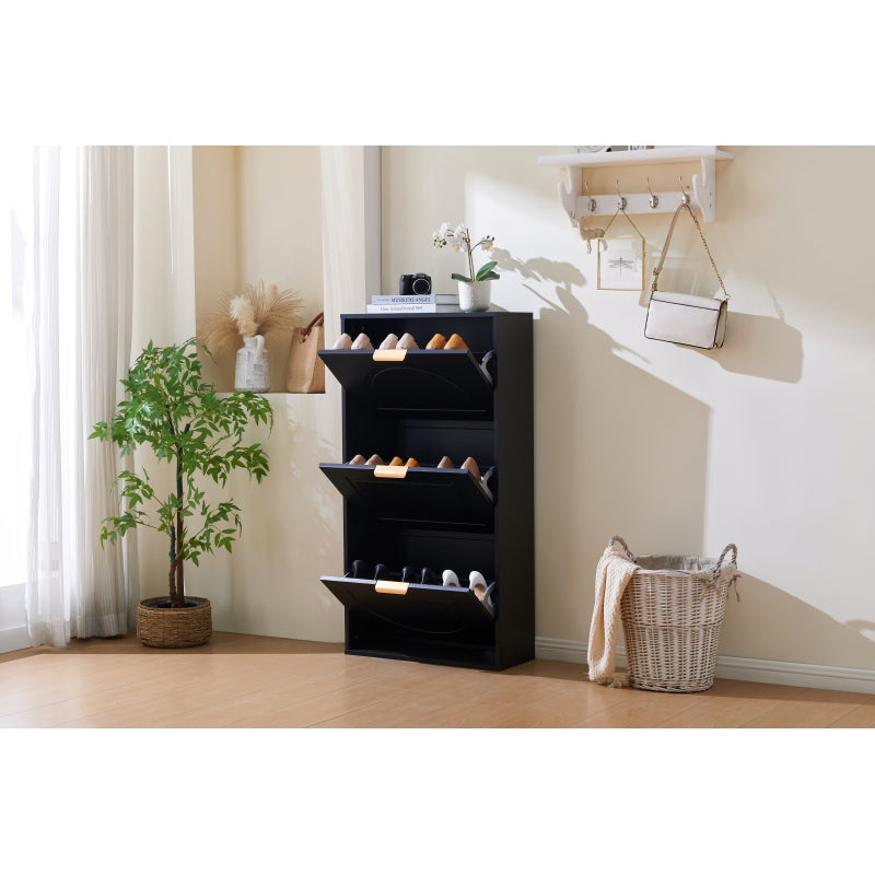 Schuhkipper Schmal mit 3 Klappen, Schuhschrank, Schuhschrank  Schuhkommode für Flur Wohnzimmer ,Schwarz
