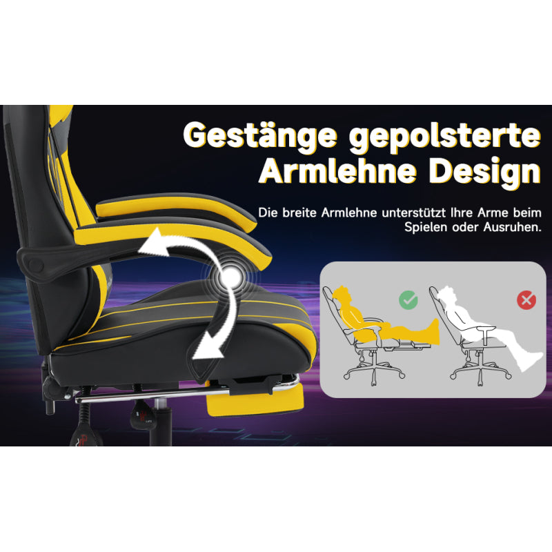 Gaming Stuhl Computerstuhl Ergonomischer Gaming Chair mit Fußstütze Bürostuhl Ergonomischer Computerstuhl mit Lendenwirbelstütze Blackyellow