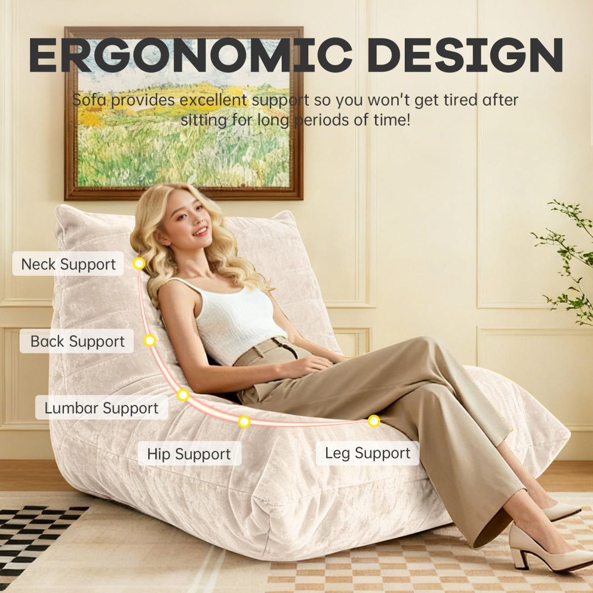 Ergonomischer Sitzsack Sessel mit 5-Zonen-Körperunterstützung, Bean Bag Chair aus Chenille-Stoff,  Weiß